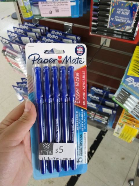 Paper Mate Erasermate Ballpoint Pens, Blue, 5-pack